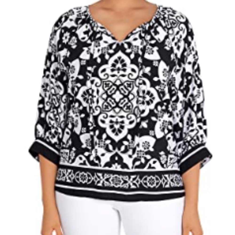 Ruby Rd. Black White Floral Abstract 3/4 Sleeves Tie Neck Bohemian Blouse Size L